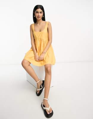 asos design square neck mini smock sundress in apricot