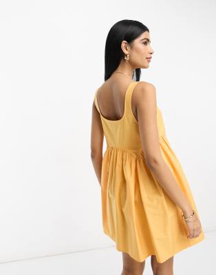 asos design square neck mini smock sundress in apricot