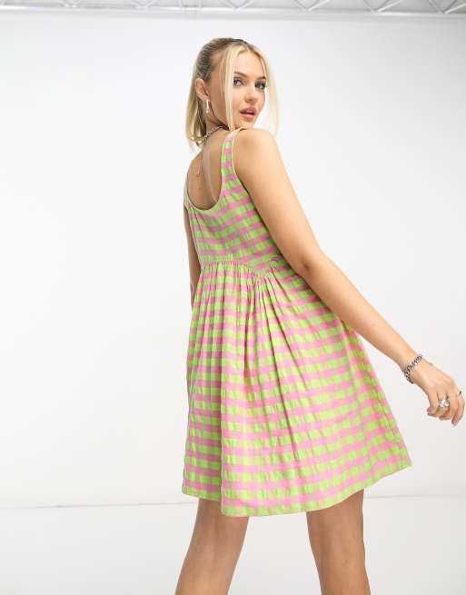 ASOS DESIGN square neck mini smock sundress in pink and green gingham