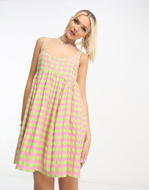 ASOS DESIGN square neck mini smock sundress in pink and green gingham