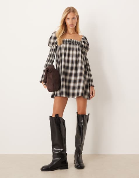 ASOS DESIGN square neck mixed shirred babydoll mini dress in black and tan check - view 1