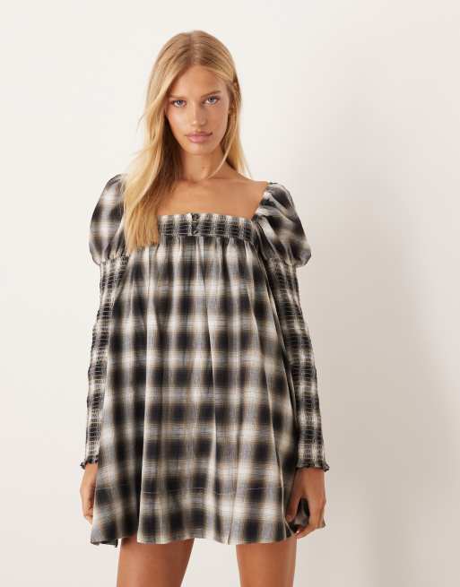 ASOS DESIGN square neck mixed shirred babydoll mini dress in black and tan check