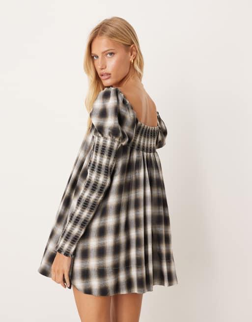ASOS DESIGN square neck mixed shirred babydoll mini dress in black and tan check, 3 of 4