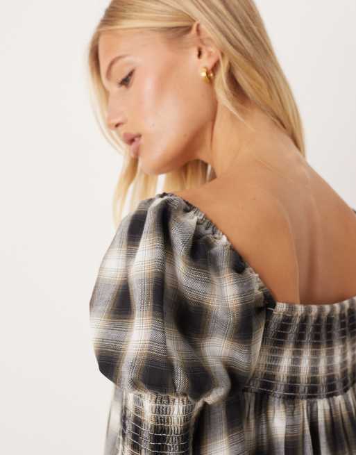 ASOS DESIGN square neck mixed shirred babydoll mini dress in black and tan check