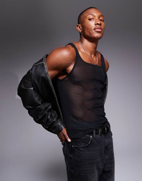 ASOS DESIGN square neck muscle fit singlet in black mesh - view 1