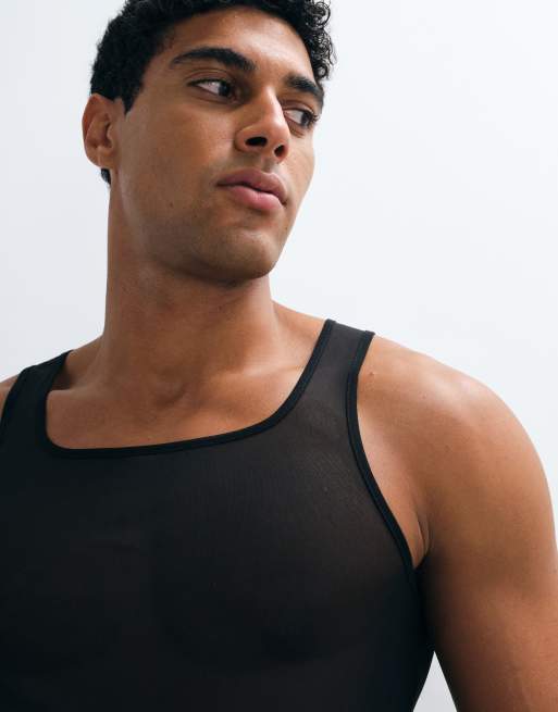 ASOS DESIGN square neck muscle fit singlet in black mesh, 2 of 5