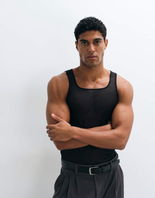 ASOS DESIGN square neck muscle fit singlet in black mesh, 3 of 5