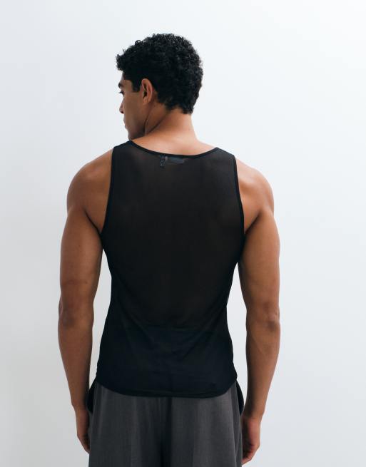 ASOS DESIGN square neck muscle fit singlet in black mesh, 5 of 5