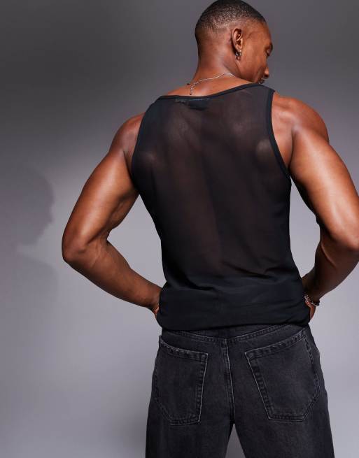 ASOS DESIGN square neck muscle fit tank top in black mesh