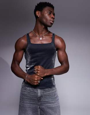 ASOS DESIGN ASOS DESIGN square neck muscle fit vest in black glitter fabric