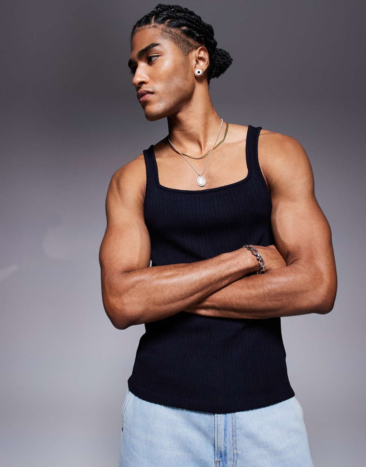 ASOS DESIGN square neck muscle fit vest in navy textured rib