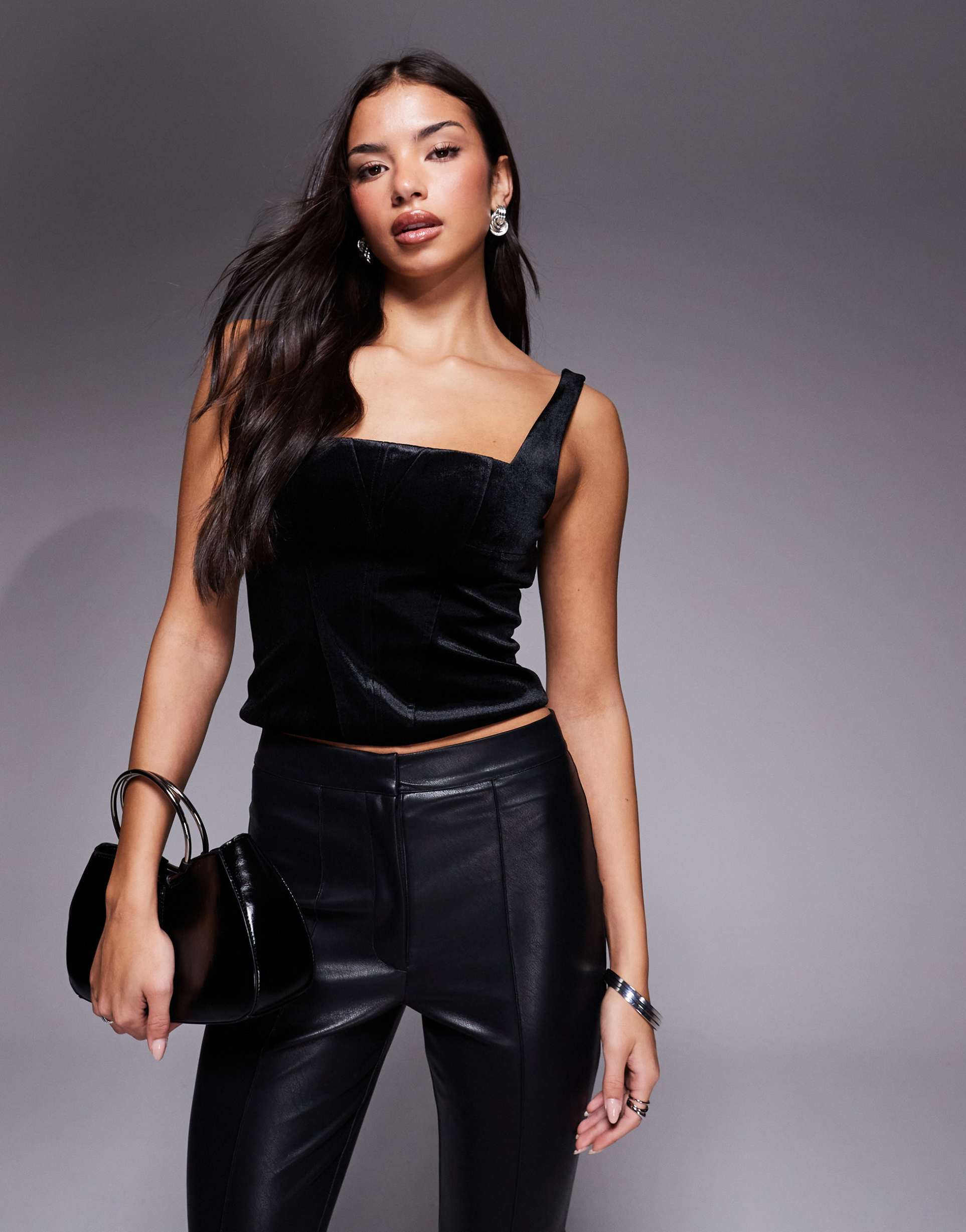 asos design square neck paneled velvet corset top in black