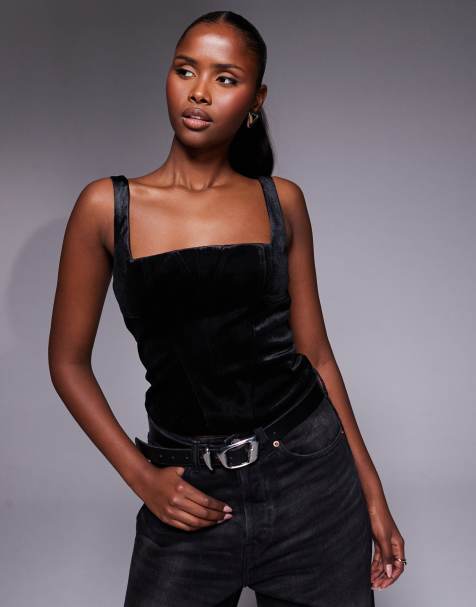 ASOS DESIGN square neck panelled velvet corset in black - view 1