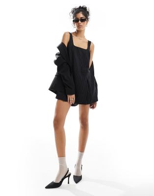 Asos Design Square Neck Pinafore Romper In Black Pinstripe-multi