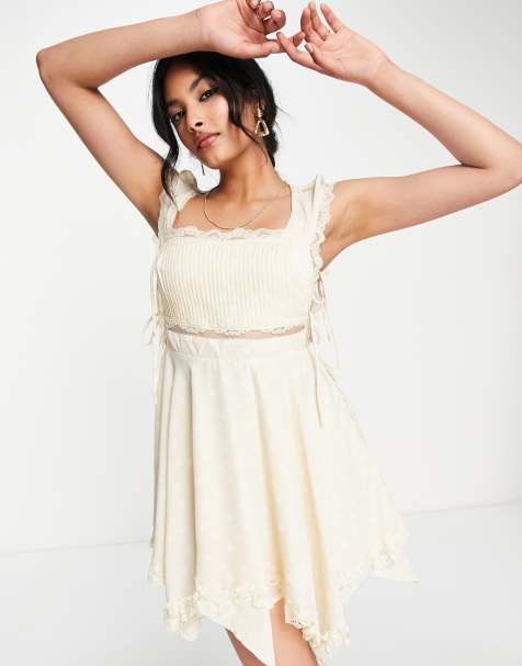 ASOS DESIGN square neck pink tuck lace insert pinny dress in beige spot print - view 1