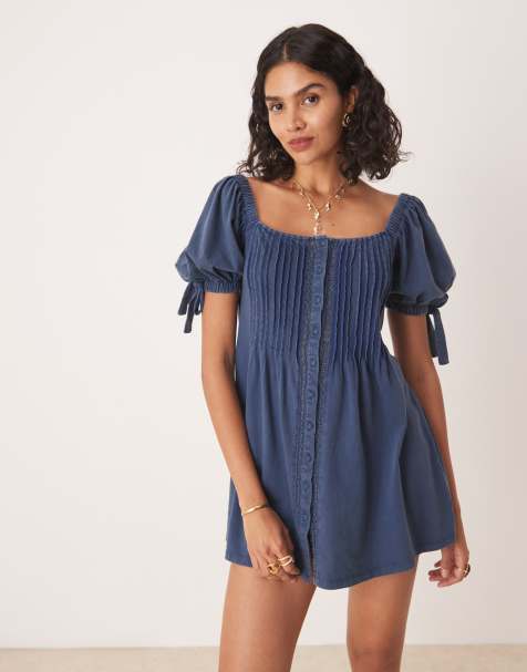 ASOS DESIGN square neck pintuck mini dress in washed indigo blue - view 1