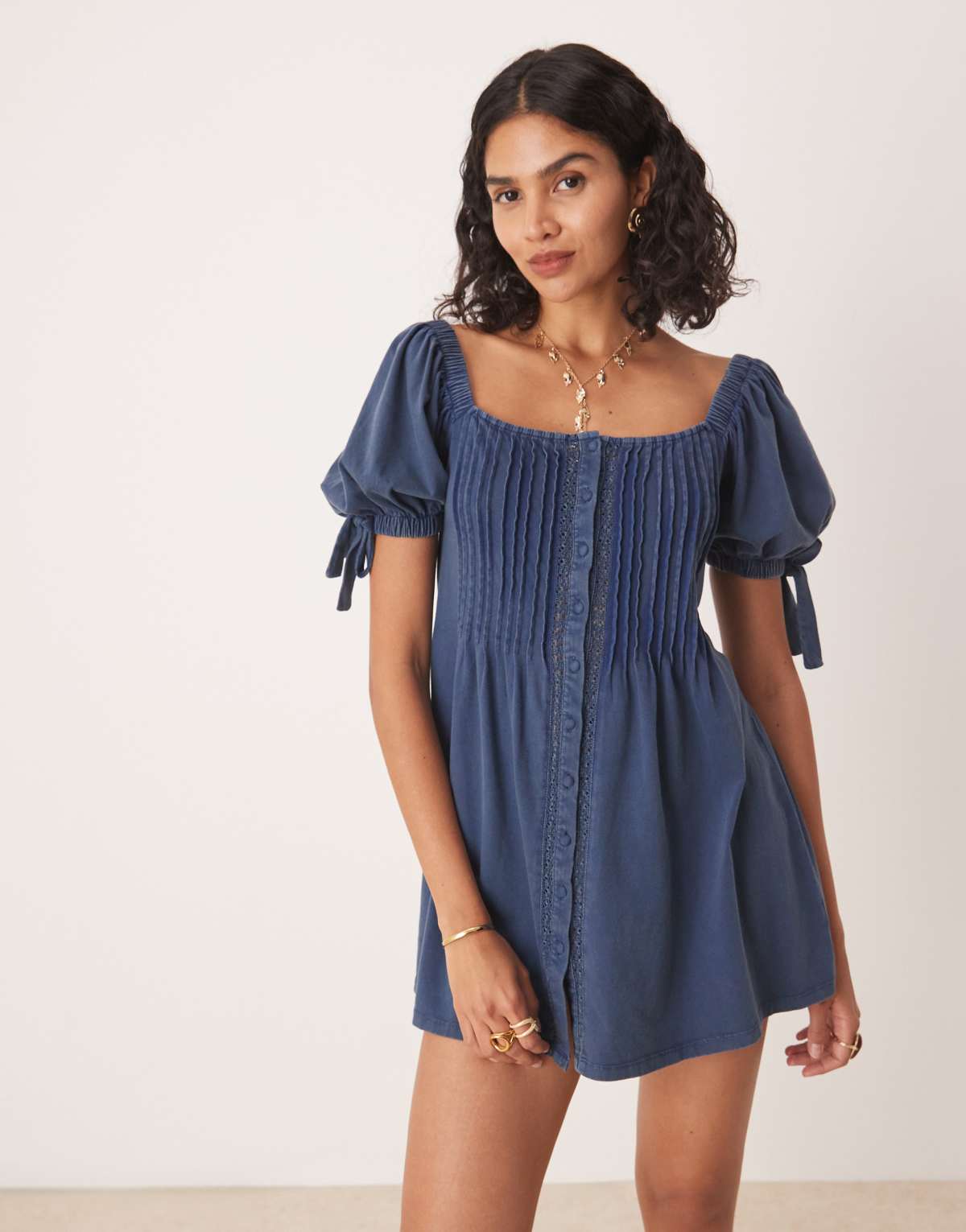 ASOS DESIGN square neck pintuck mini dress in washed indigo blue