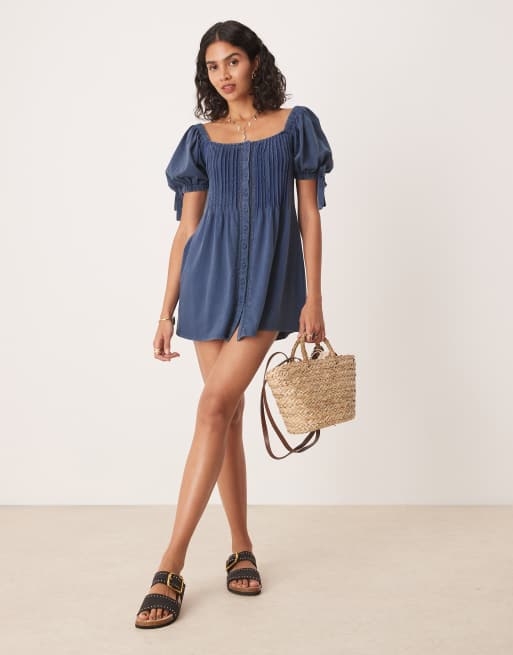 ASOS DESIGN square neck pintuck mini dress in washed indigo blue, 3 of 4