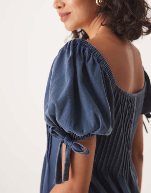 ASOS DESIGN square neck pintuck mini dress in washed indigo blue, 4 of 4