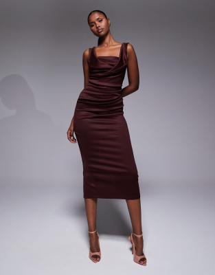 Asos Design Square Neck Pleat Bust Midi Pencil Dress In Brown