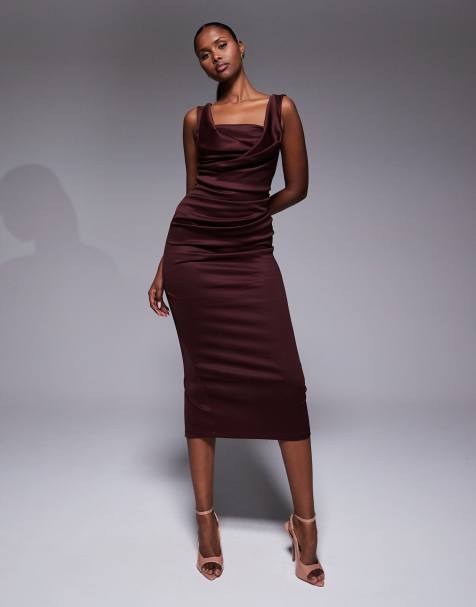 ASOS DESIGN square neck pleat bust midi pencil dress in chocolate - view 1