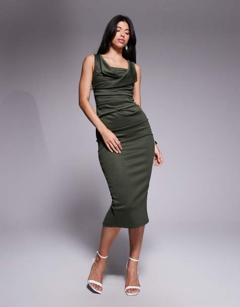 ASOS DESIGN square neck pleat bust midi pencil dress in green - view 1