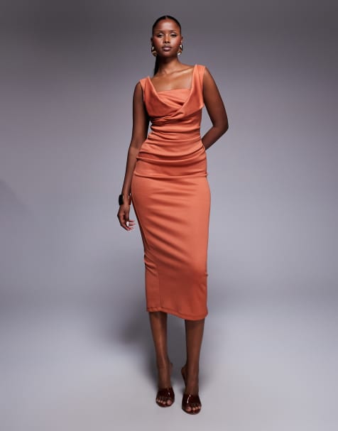 ASOS DESIGN square neck pleat bust midi pencil dress in rust - view 1
