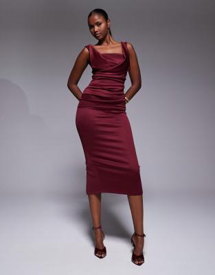 Asos Design Square Neck Pleated Bust Midi Pencil Dress In Red