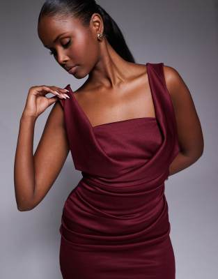 Asos Design Square Neck Pleated Bust Midi Pencil Dress In Red