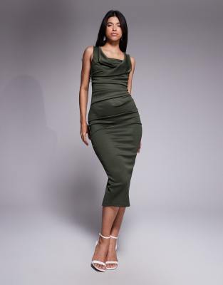 Asos Design Square Neck Pleated Bust Midi Pencil Dress In Green