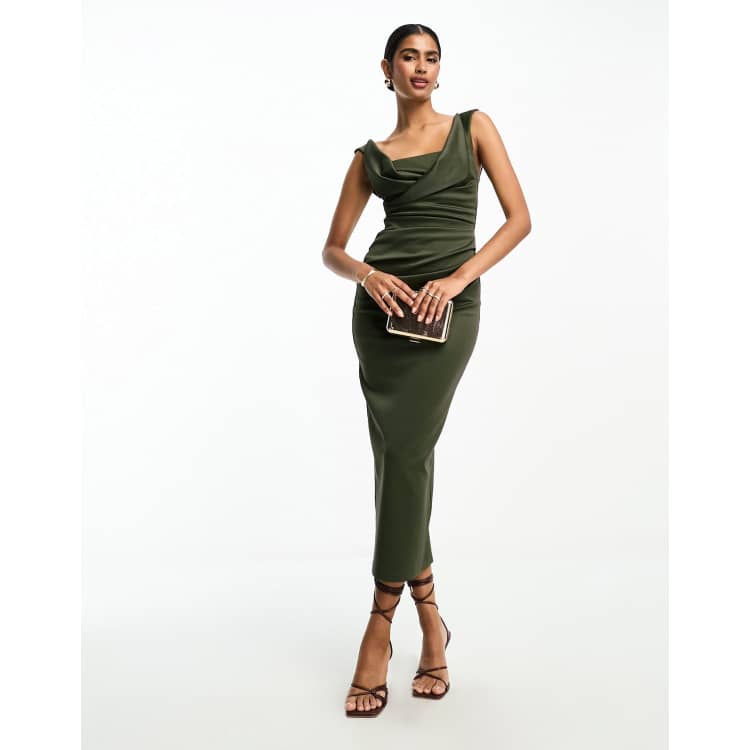 asos pleated shoulder pencil dress ASOS DESIGN Curve off-shoulder pleated waist detail midi pencil dress in  apricot