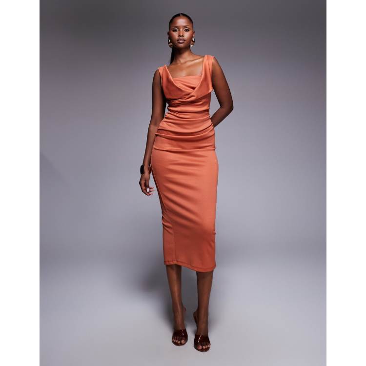 ASOS DESIGN square neck pleated bust midi pencil dress in rust