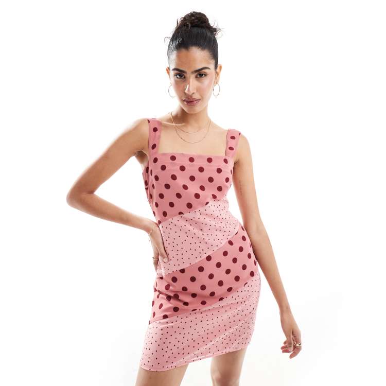 ASOS DESIGN square neck pleated chiffon mini dress in pink polka dot print