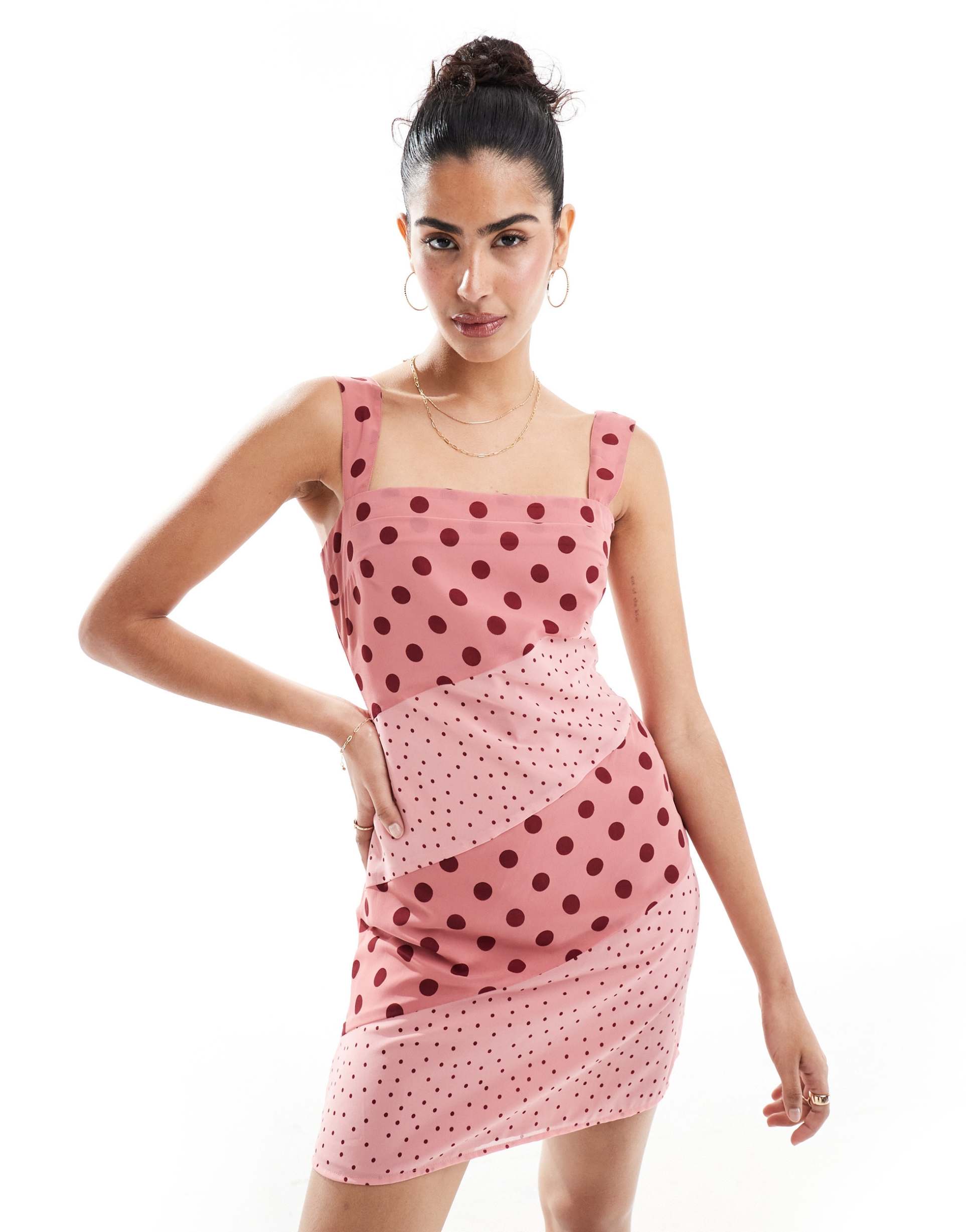 asos design square neck pleated chiffon mini dress in pink polka dot print