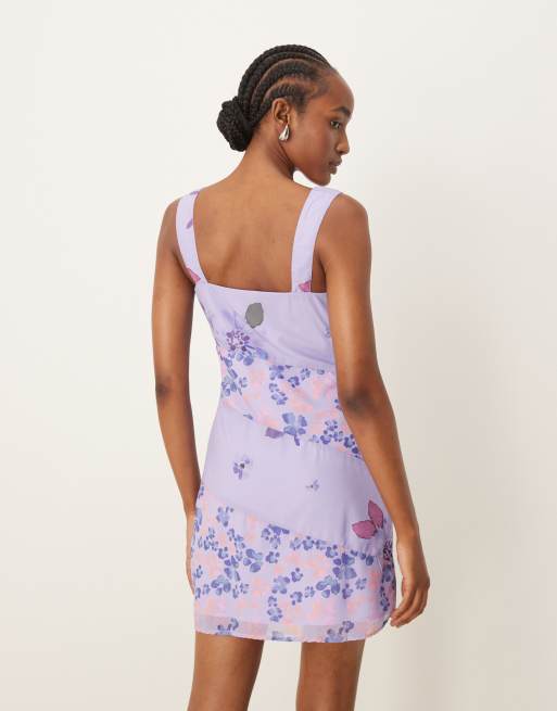 ASOS DESIGN square neck pleated chiffon mini dress in purple floral, 3 of 4