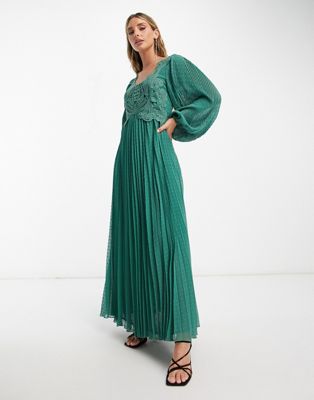 ASOS DESIGN square neck pleated dobby embroidery maxi dress in dark green