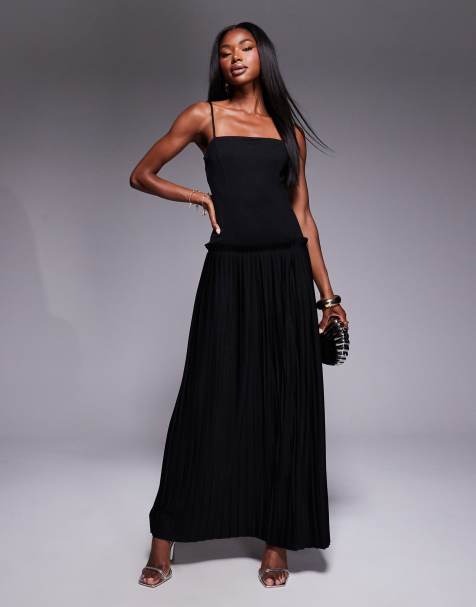 ASOS DESIGN square neck pleated maxi dress with dropped waist in black - view 1