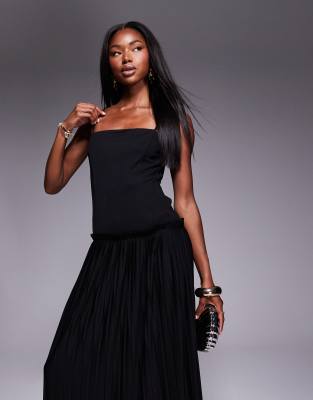 Asos Design Square Neck Pleated Maxi Dress With Dropped Waist In Black