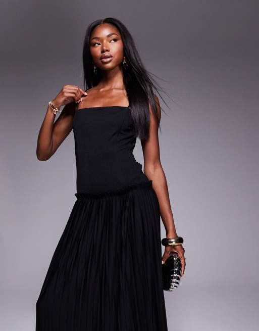 ASOS DESIGN square neck pleated maxi dress with dropped waist in black