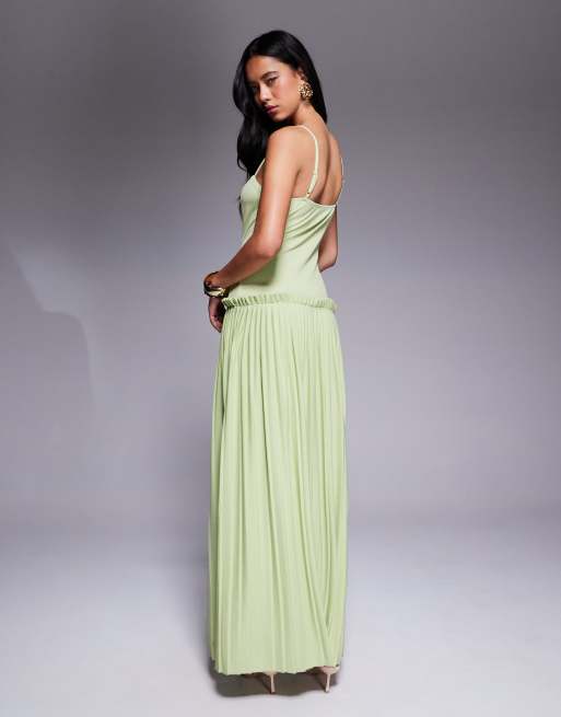 ASOS DESIGN square neck pleated maxi dress with dropped waist in pistachio, 2 of 4