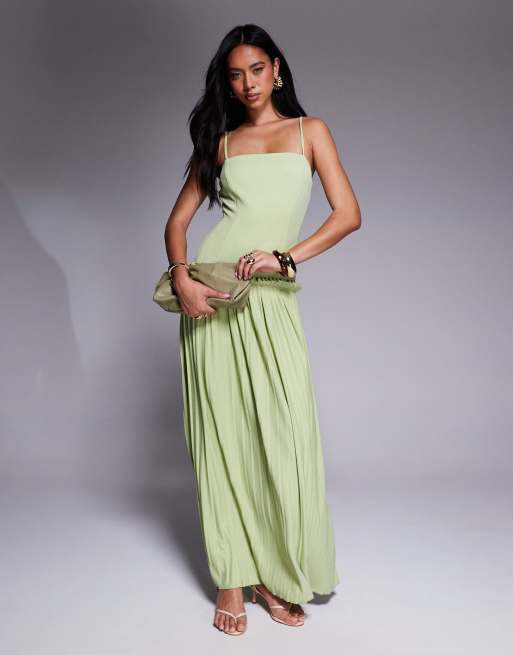 ASOS DESIGN square neck pleated maxi dress with dropped waist in pistachio  | ASOS