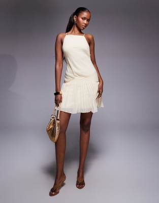 Asos Design Square Neck Pleated Skirt Mini Dress In White