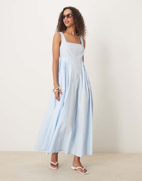 ASOS DESIGN square neck pleated waist midi dress in blue - view 1