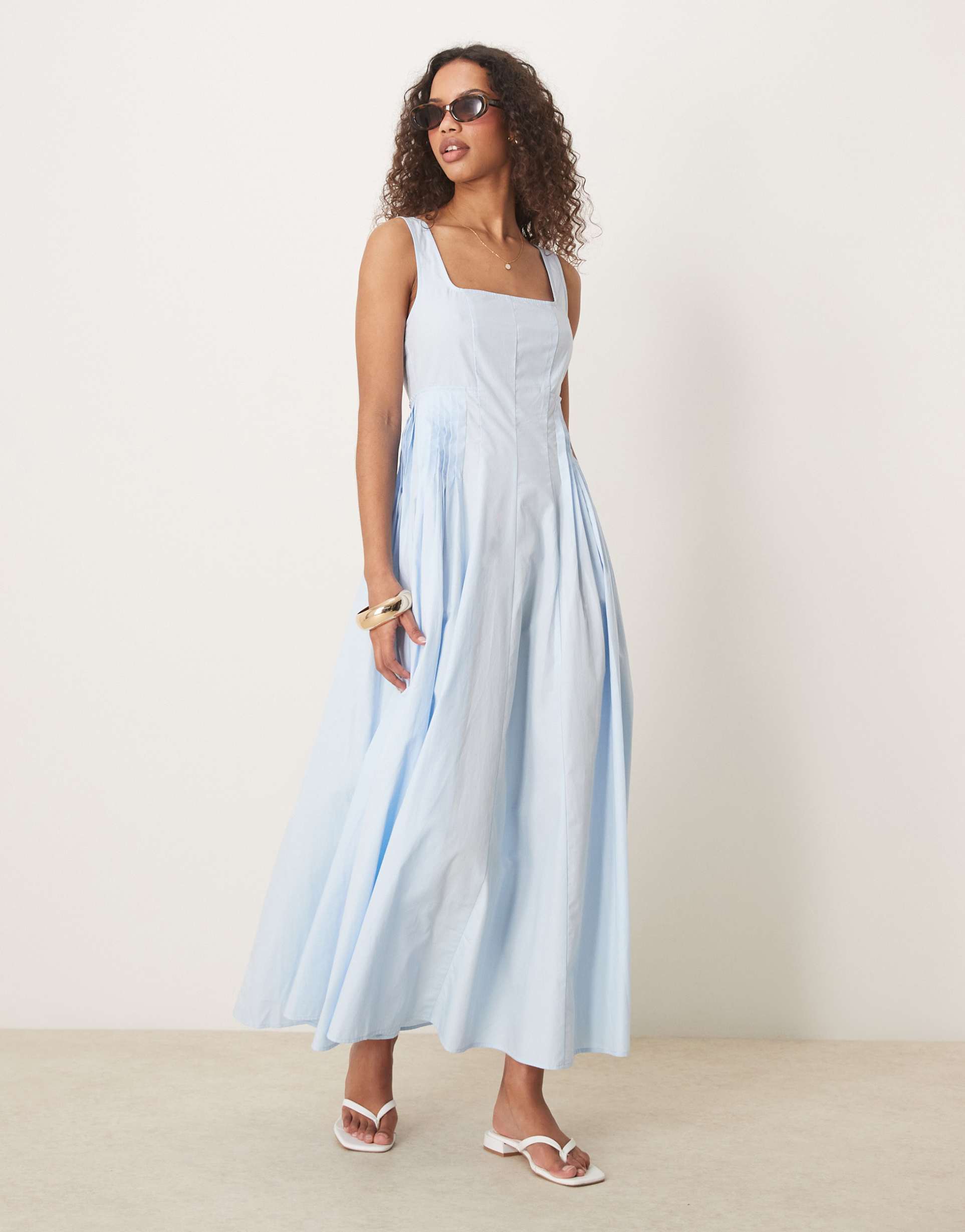 asos design square neck pleated waist midi dress in blue