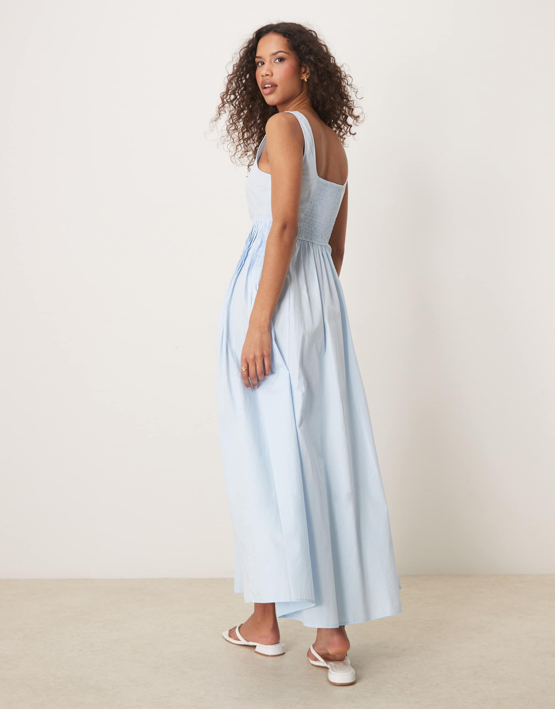asos design square neck pleated waist midi dress in blue