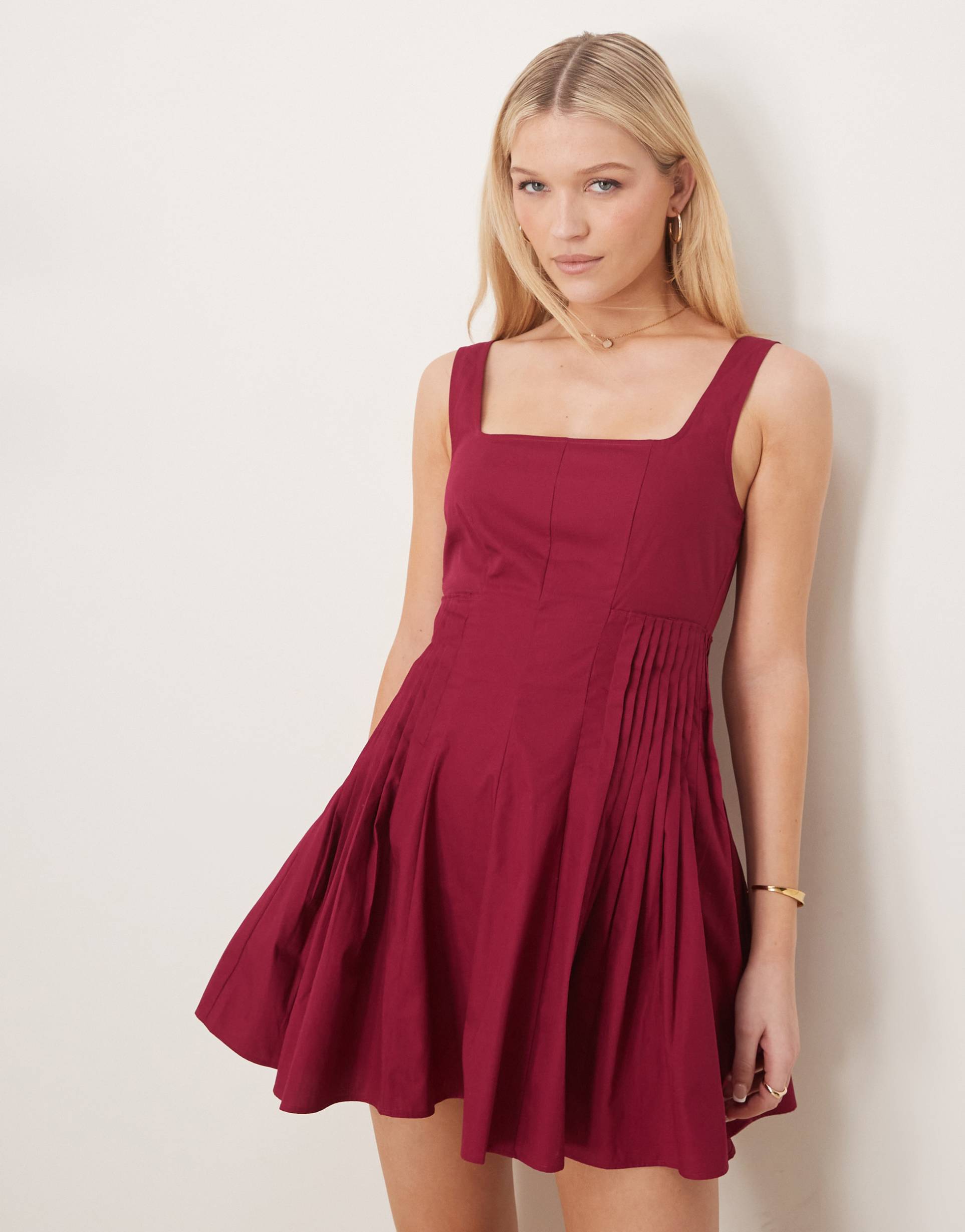 asos design square neck pleated waist mini sundress in raspberry