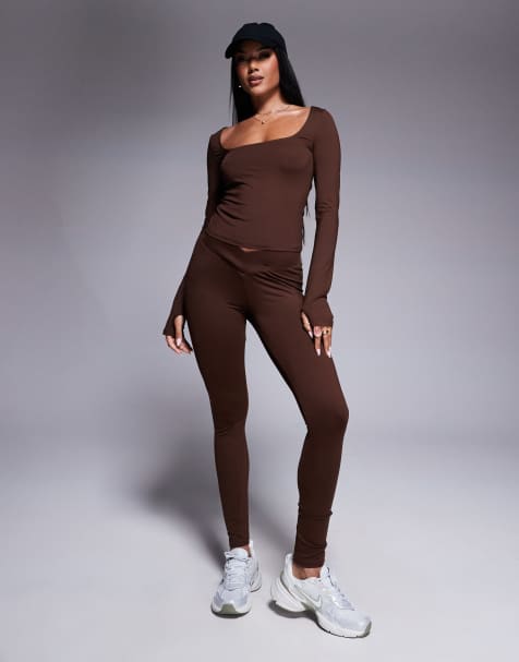 ASOS DESIGN square neck polyamide top with thumb holes and legging co ord in brown - view 1