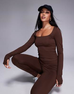 ASOS DESIGN SQUARE NECK POLYAMIDE TOP WITH THUMB HOLES 