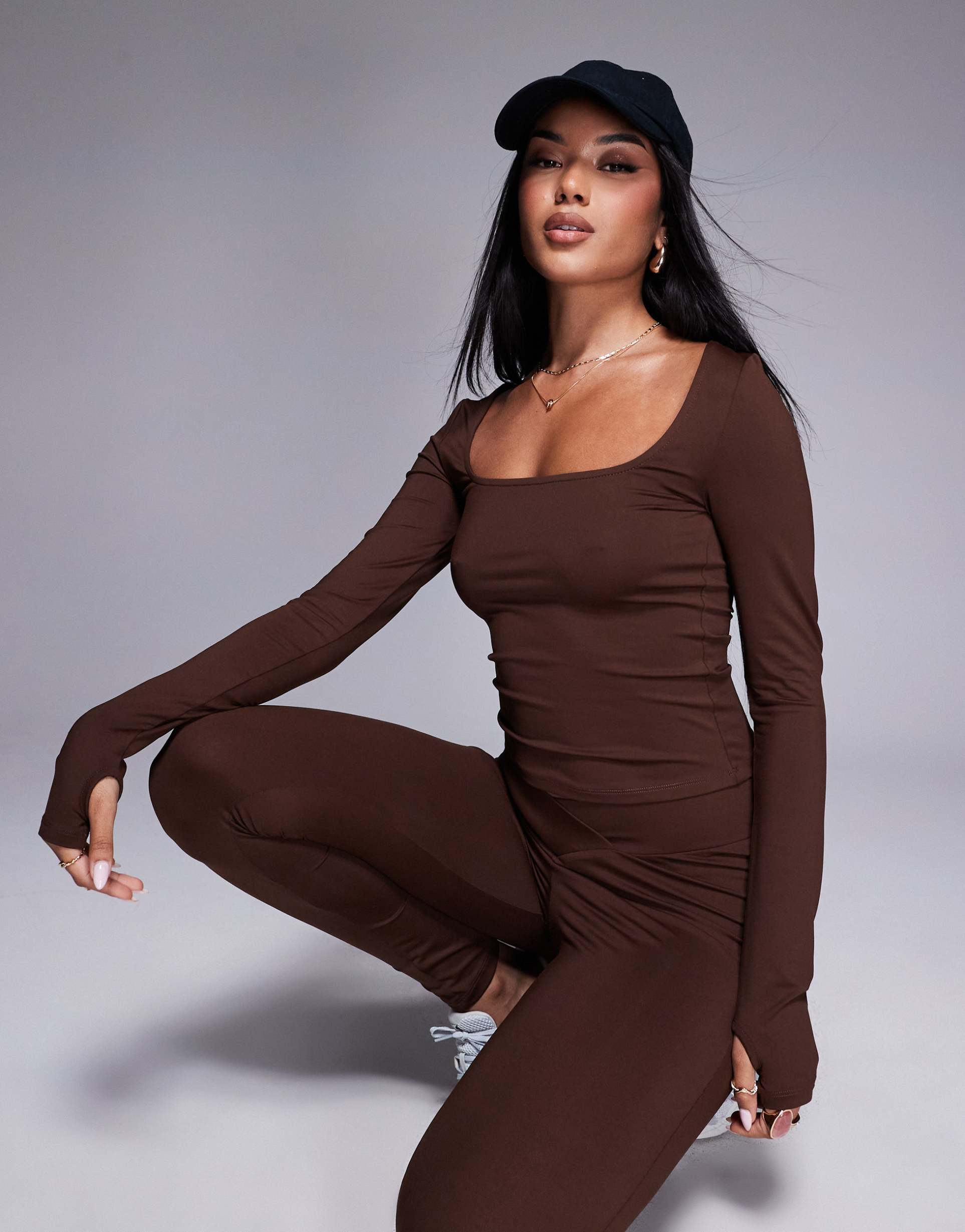 asos design square neck polyamide top with thumb holes in brown