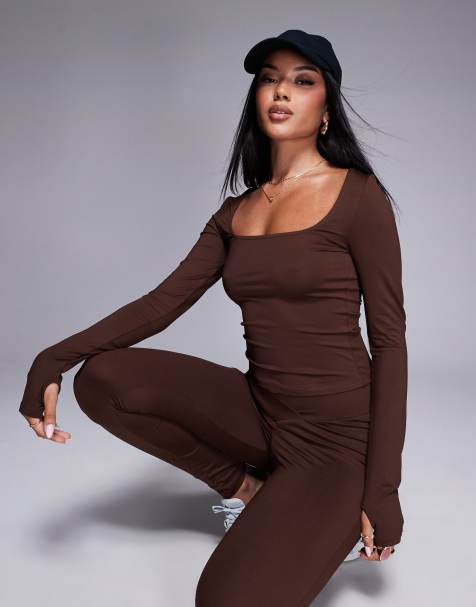 ASOS DESIGN square neck polyamide top with thumb holes in brown